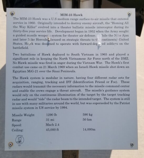 MIM-23 HAWK WAR MEMORIAL PLAQUE