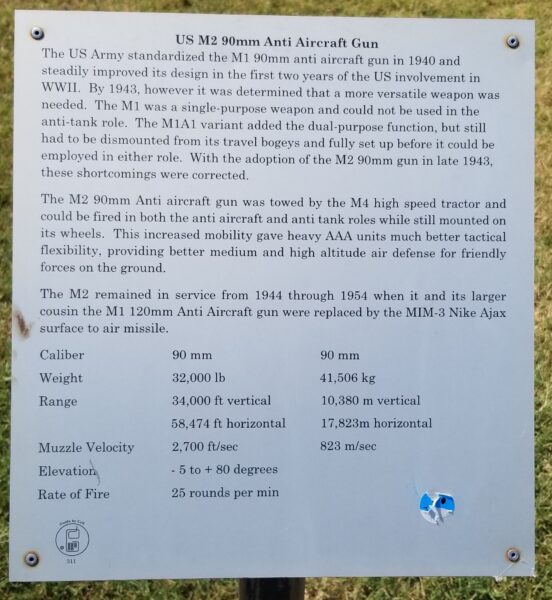 US M2 90MM ANTI AIRCRAFT GUN MEMORIAL PLAQUE