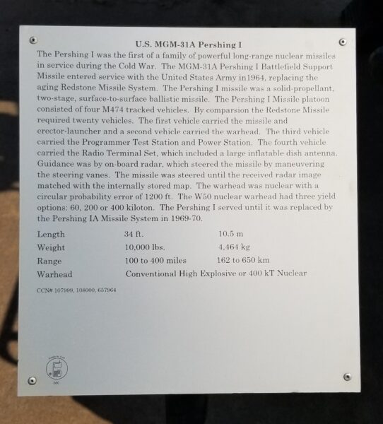 U.S. MGM-31A PERSHING I MEMORIAL PLAQUE