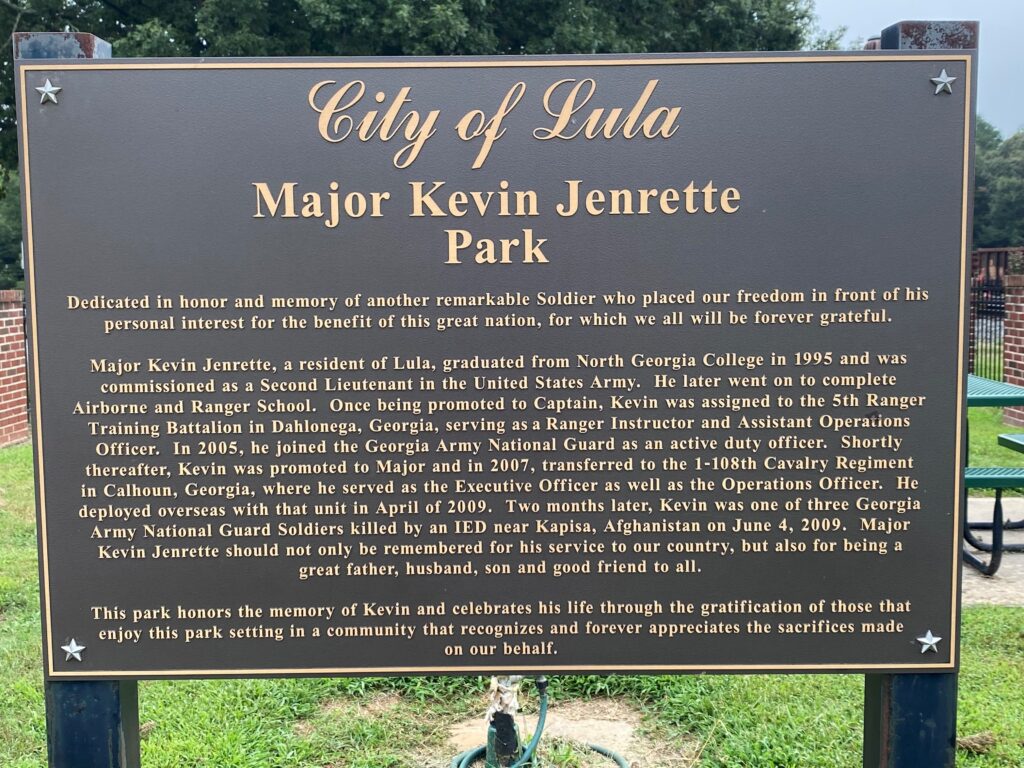 CITY OF LULA MAJOR KEVIN JENRETTE PARK WAR MEMORIAL MARKER