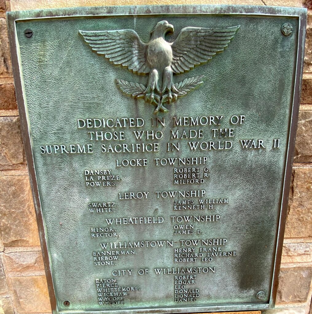 WILLIAMSTON AREA WORLD WAR II MEMORIAL PLAQUE