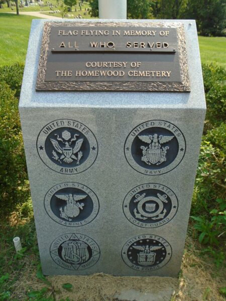 THE HOMEWOOD CEMETERY ALL WHO SERVED MEMORIAL FLAGPOLE PLAQUE
