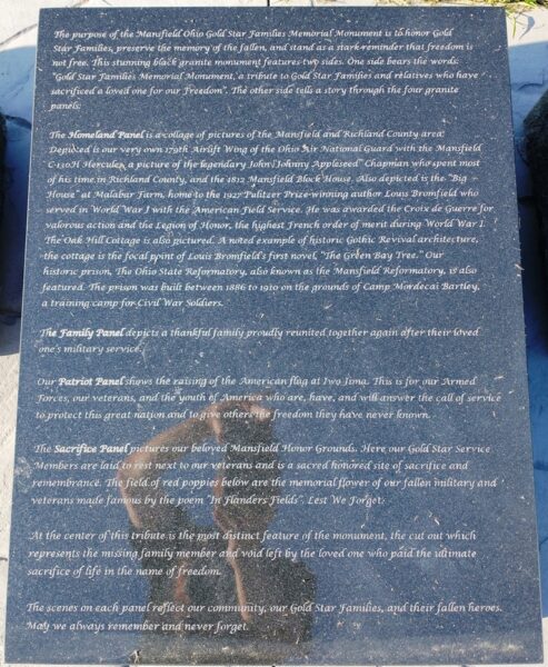 MANSFIELD OHIO GOLD STAR FAMILIES MEMORIAL MONUMENT PLAQUE