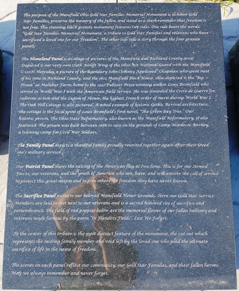 MANSFIELD OHIO GOLD STAR FAMILIES MEMORIAL MONUMENT PLAQUE