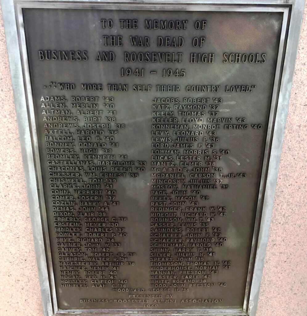 BUSINESS AND ROOSEVELT HIGH SCHOOLS WORLD WAR II WAR DEAD MEMORIAL PLAQUE