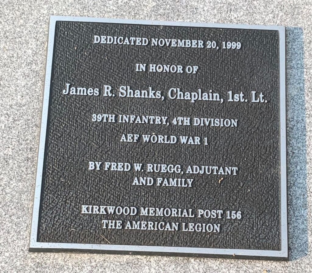 JAMES R. SHANKS, CHAPLAIN, 1ST. LT. WAR MEMORIAL PLAQUE