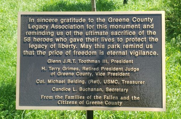 GREENE COUNTY VETERANS MEMORIAL PARK PLAQUE