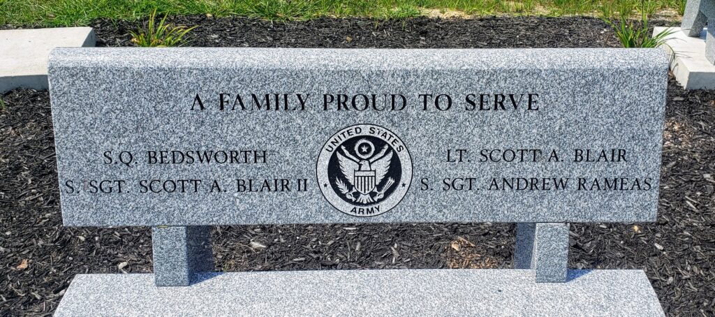 A FAMILY PROUD TO SERVE WAR MEMORIAL BENCH CLOSE-UP