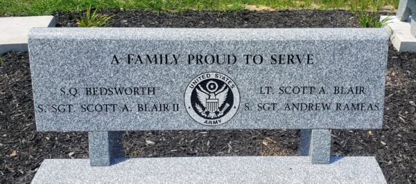 A FAMILY PROUD TO SERVE WAR MEMORIAL BENCH CLOSE-UP