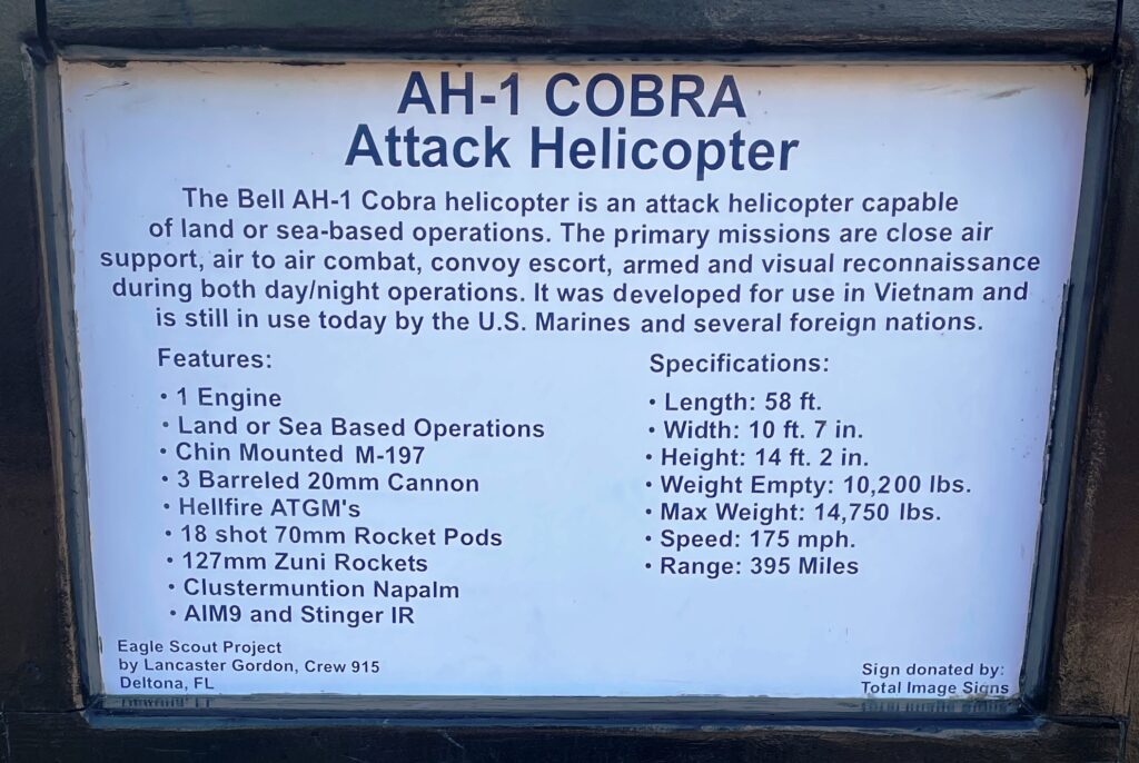 DELTONA AH-1 COBRA ATTACK HELICOPTER MEMORIAL PLAQUE