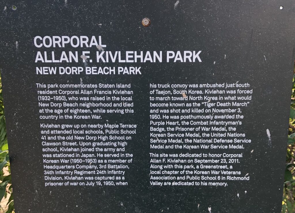 CORPORAL ALLAN F. KIVLEHAN PARK MEMORIAL PLAQUE