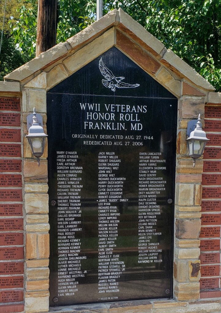 WWII VETERANS HONOR ROLL FRANKLIN, MD CENTER PLAQUE