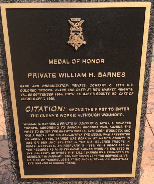 MEDAL OF HONOR PRIVATE WILLIAM H. BARNES WAR MEMORIAL PLAQUE