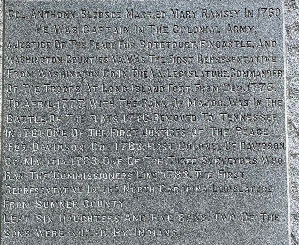 COL. ANTHONY BLEDSOE REVOLUTIONARY WAR MEMORIAL NARRATIVE STONE