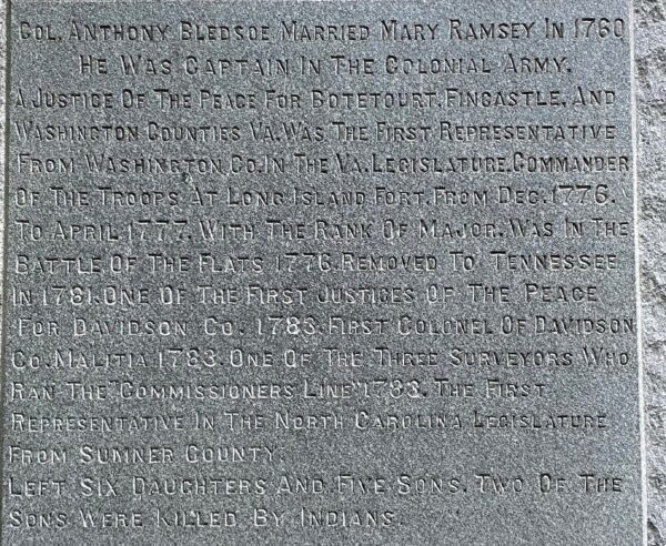 COL. ANTHONY BLEDSOE REVOLUTIONARY WAR MEMORIAL NARRATIVE STONE