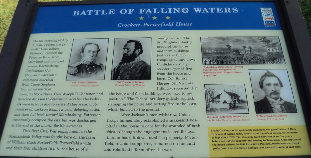 BATTLE OF FALLING WATERS CROCKETT-PORTERFIELD HOUSE MEMORIAL PANEL