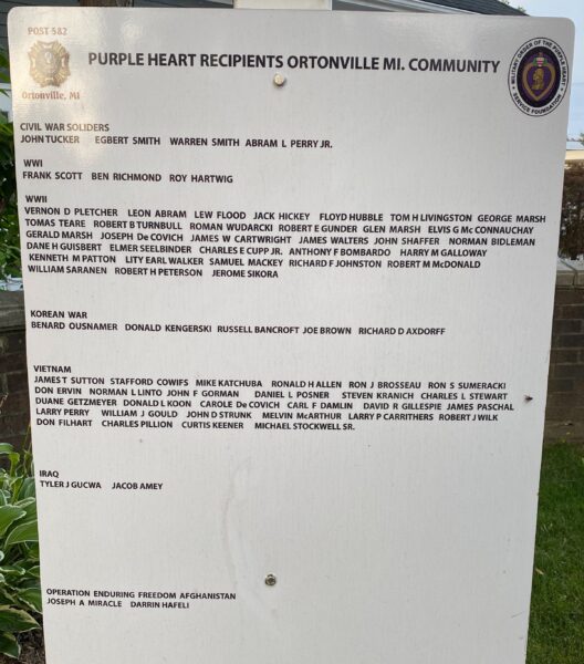 PURPLE HEART RECIPIENTS ORTONVILLE MI. COMMUNITY MEMORIAL PLAQUE