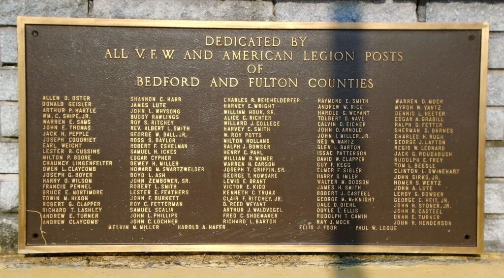 BEDFORD AND FULTON COUNTIES VETERANS MEMORIAL PLAQUE A