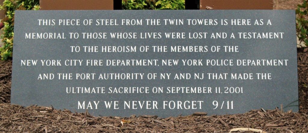 FIRST WARD FIRE COMPANY MAY WE NEVER FORGET 9/11 MEMORIAL PLAQUE