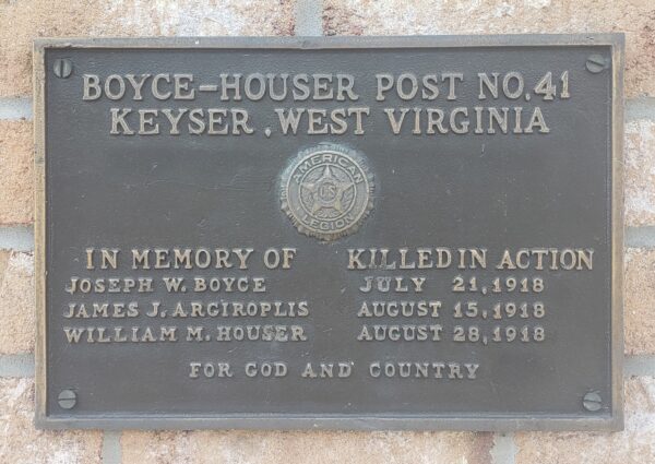 BOYCE-HOUSER POST NO. 41 KILLED IN ACTION WAR MEMORIAL PLAQUE