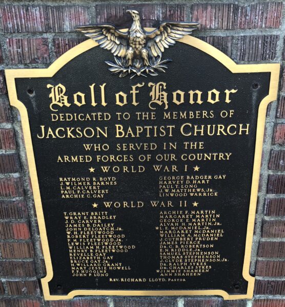 JACKSON BAPTIST CHURCH WAR MEMORIAL PLAQUE