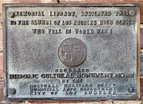 LOS ANGELES HIGH SCHOOL MEMORIAL LIBRARY PLAQUE