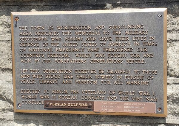 TOWN OF WORTHINGTON WAR VETERANS MEMORIAL PLAQUE