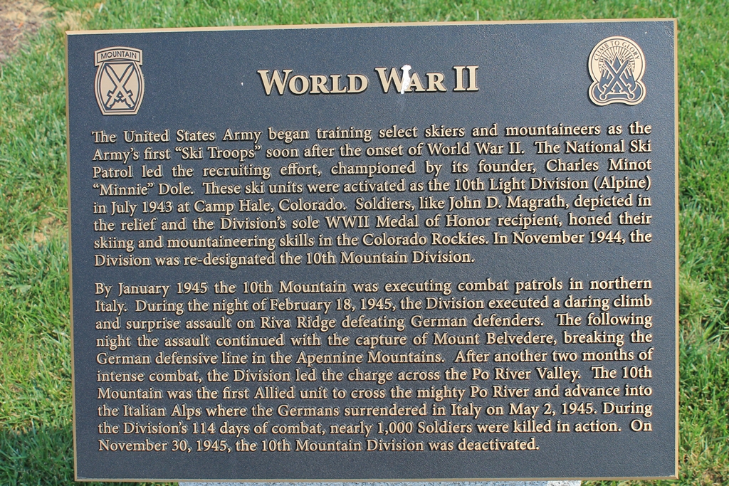 10TH MOUNTAIN DIVISION WORLD WAR II MEMORIAL PLAQUE