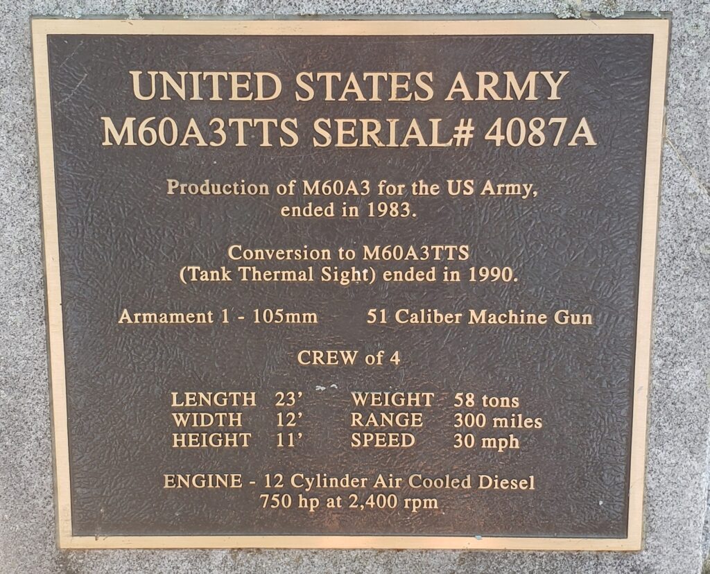 UNITED STATES ARMY M60A3TTS SERIAL #4087A MEMORIAL PLAQUE