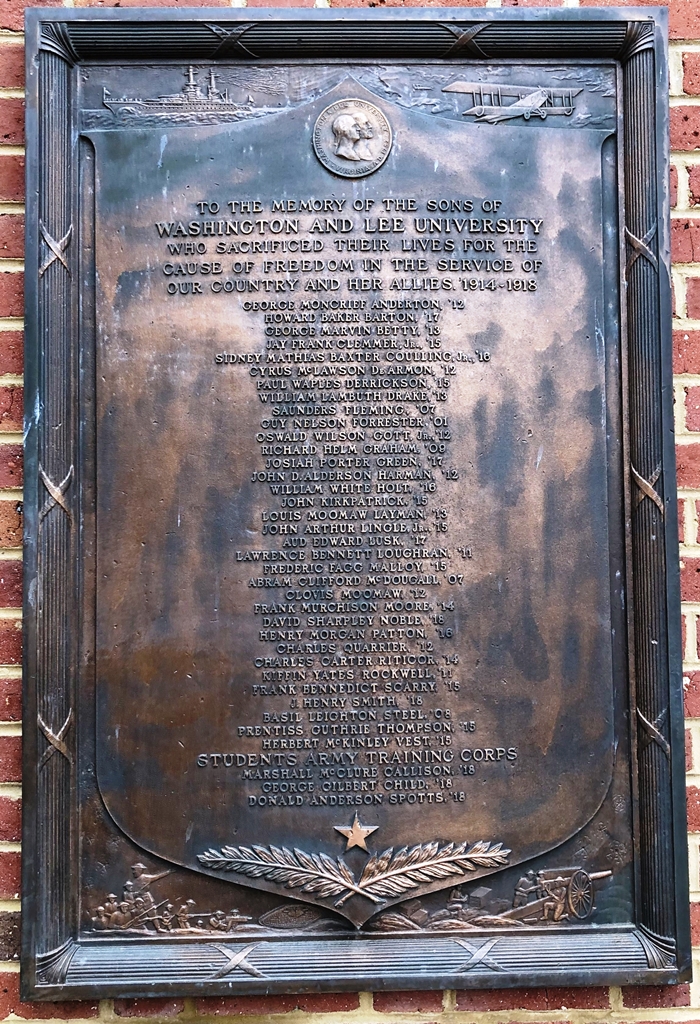 WASHINGTON AND LEE UNIVERSITY WORLD WAR I MEMORIAL PLAQUE