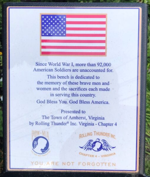 ROLLING THUNDER VIRGINIA CHAPTER 4 POW MIA MEMORIAL BENCH PLAQUE