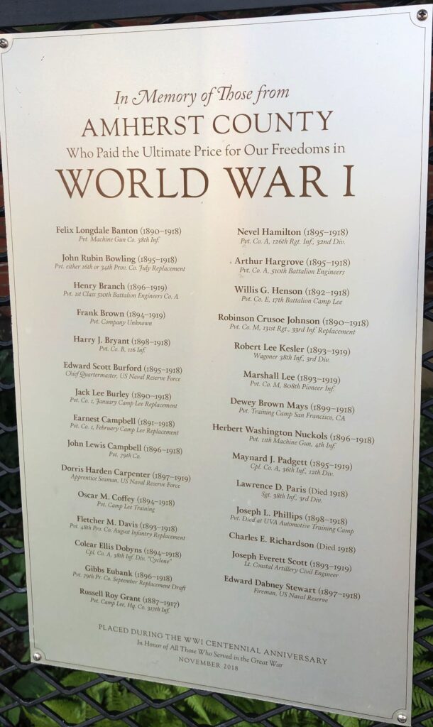 AMHERST COUNTY ULTIMATE PRICE WORLD WAR I MEMORIAL PLAQUE