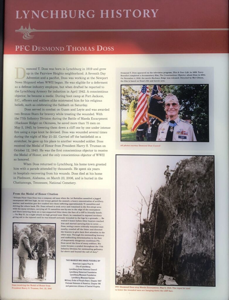 LYNCHBURG HISTORY PFC DESMOND THOMAS DOSS MEDAL OF HONOR WAR MEMORIAL PLAQUE