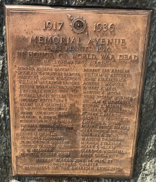 LYNCHBURG, VIRGINIA MEMORIAL AVENUE PLAQUE