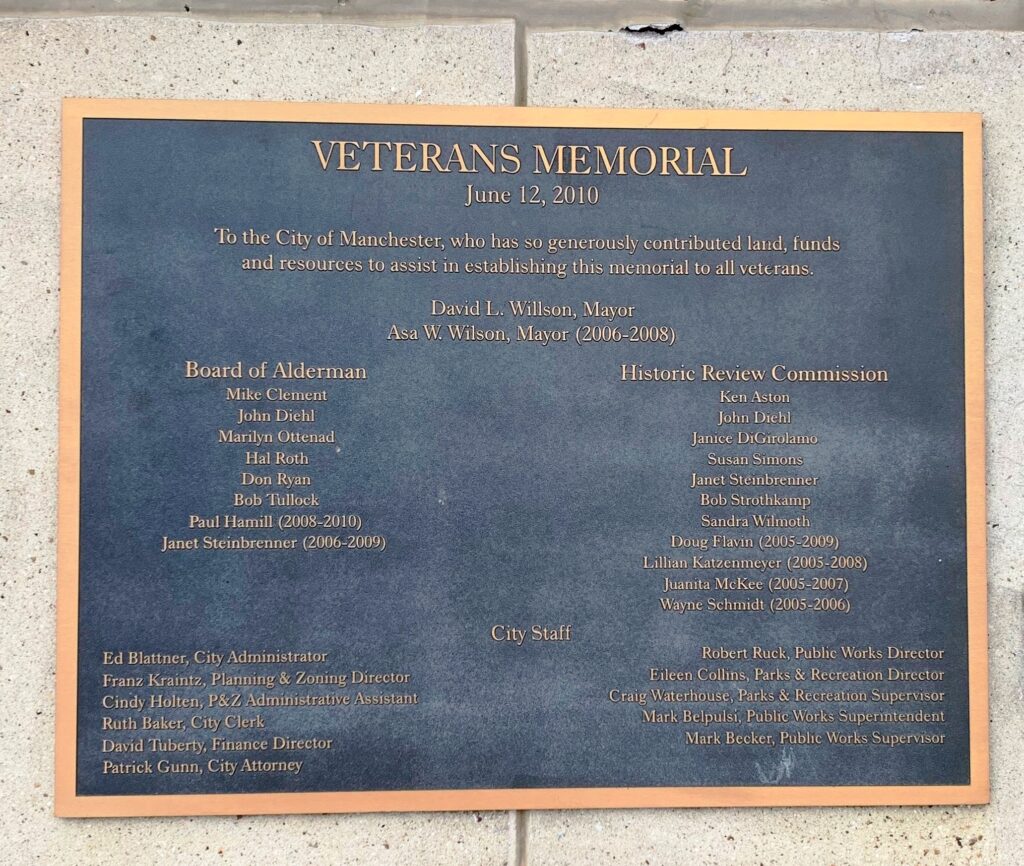 CITY OF MANCHESTER VETERANS MEMORIAL PLAQUE