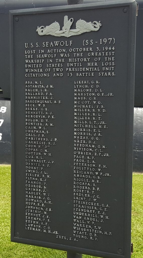 U.S.S. SEAWOLF (SS-197) WAR MEMORIAL PLAQUE A