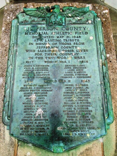 JEFFERSON COUNTY MEMORIAL ATHLETIC FIELD PLAQUE