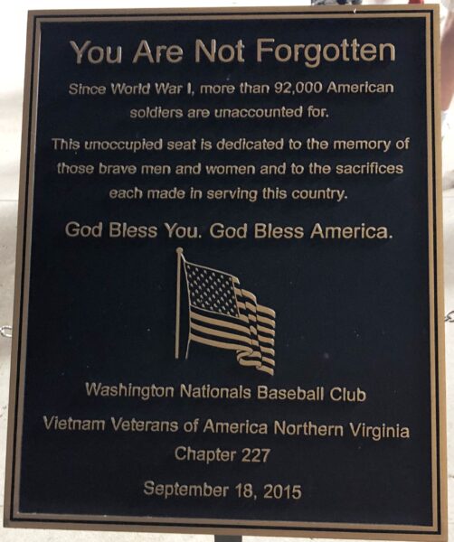 YOU ARE NOT FORGOTTEN WAR MEMORIAL CHAIR PLAQUE