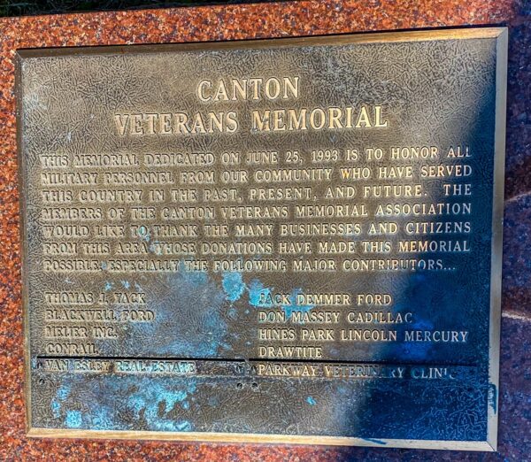 THE CANTON VETERANS MEMORIAL PLAQUE
