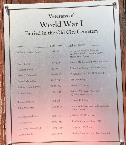 VETERANS OF WORLD WAR I BURIED IN THE OLD CITY CEMETERY MEMORIAL PLAQUE
