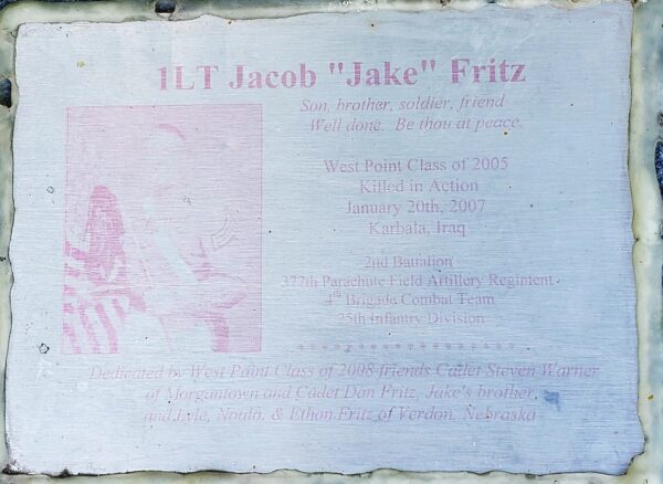 1LT JACOB “JAKE” FRITZ WAR MEMORIAL PLAQUE
