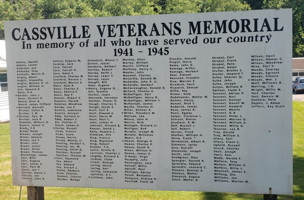 CASSVILLE VETERANS MEMORIAL HONOR ROLL PLAQUE