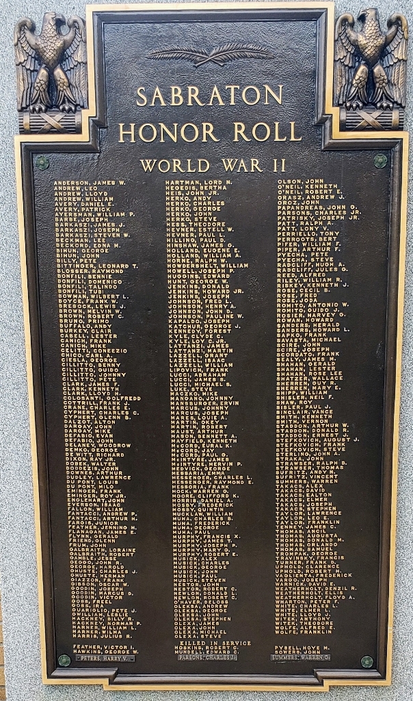 SABRATON HONOR ROLL WORLD WAR II MEMORIAL PLAQUE A
