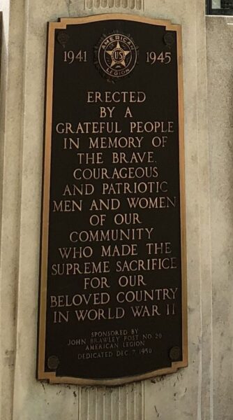 AMERICAN LEGION POST NO. 20 WORLD WAR II MEMORIAL PLAQUE A