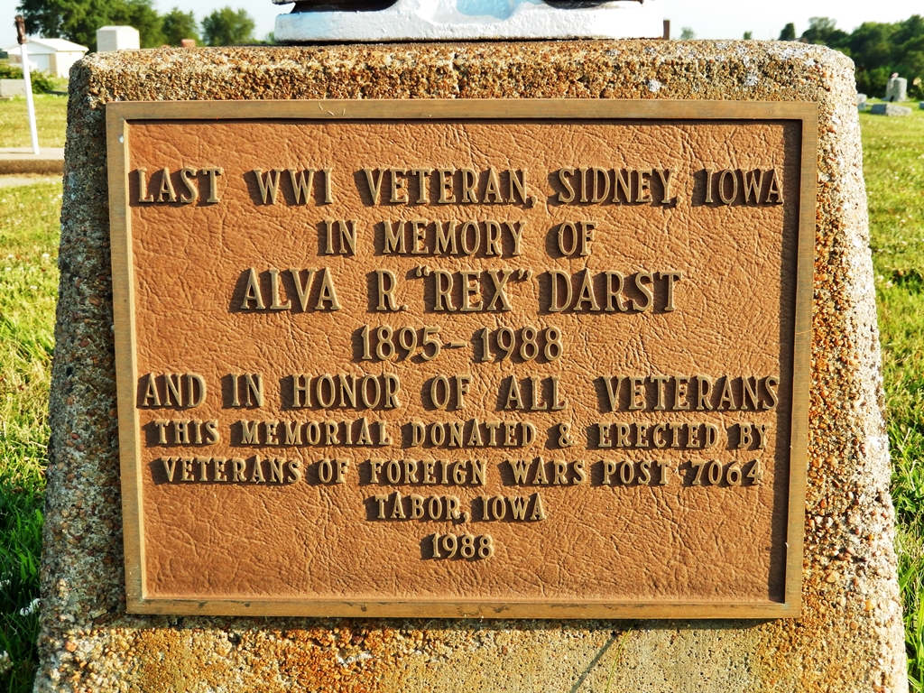 LAST WWI VETERAN, SIDNEY, IOWA  ALVAR R.  “REX” DARST MEMORIAL PLAQUE