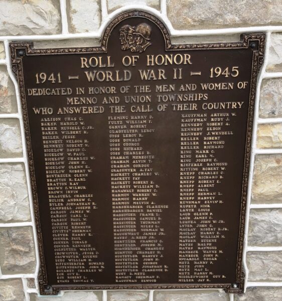 UNION TOWNSHIPS ROLL OF HONOR MEMORIAL PLAQUE C