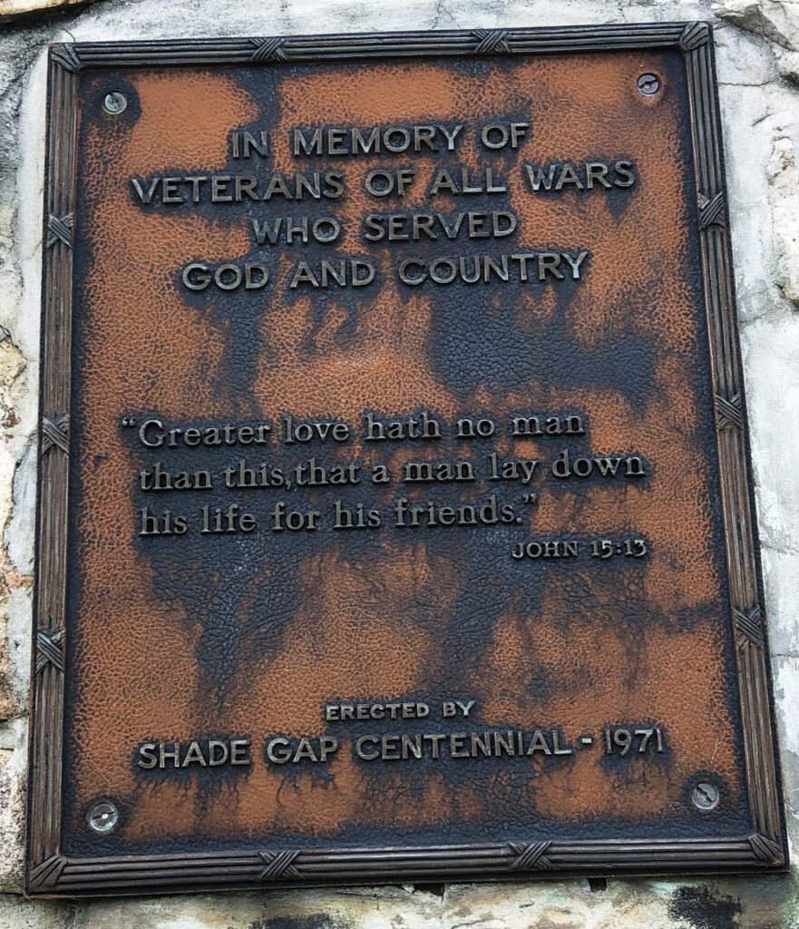 SHADE GAP ALL WARS VETERANS MEMORIAL PLAQUE