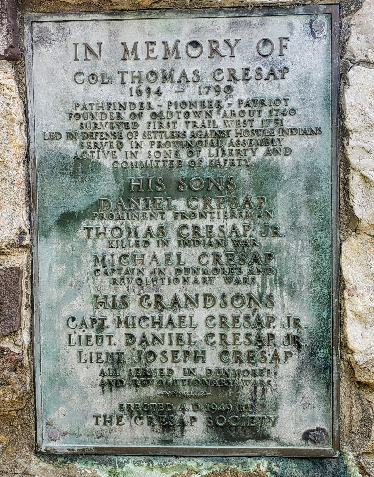 IN MEMORY OF COL. THOMAS CRESAP MEMORIAL PLAQUE OLDTOWN