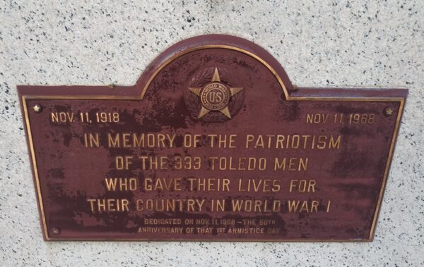 CITY OF TOLEDO WORLD WAR I ETERNAL FLAME MEMORIAL PLAQUE