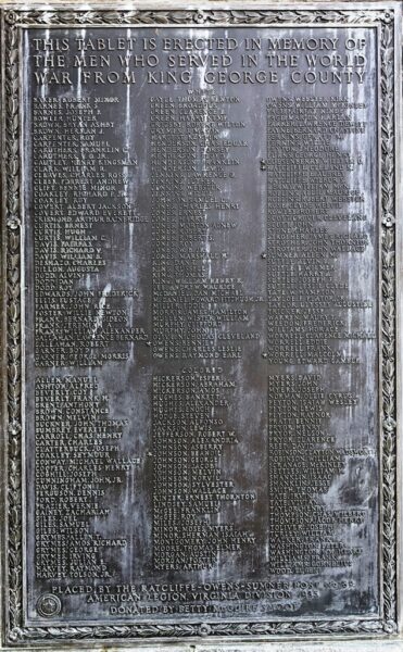 KING GEORGE COUNTY WORLD WAR MEMORIAL PLAQUE